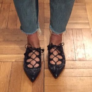 Tory Burch tweed and leather lace up  flats